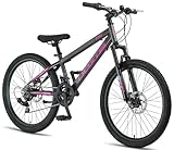 Licorne Bike Thunder Premium Mountainbike in 20, 24, 26, 27.5 und 29 Zoll Fahrrad für Mädchen Jungen Herren und Damen Discbremse (Anthrazit/Rosa, 24 Zoll)