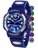 Juboos Neue 7-Farbige Kinderuhren, Kinderuhr Jungen Mädchen Analog Quartz Uhr mit Armbanduhr Kautschuk Wasserdicht Outdoor Sports Uhren 5-16 (Dunkel Blau)