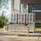 Gotland 3-Sitzer Rattan Gartenmöbel Set mit 118° Rückenlehne, verstellbar, wetterfeste Outdoor Lounge aus wasserfestem Polyrattan für Terrasse & Garten Möbel draußen(Grau)