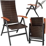 tectake® Alu Polyrattan Gartenstuhl, klappbarer Sessel mit 6-Fach Verstellbarer Rückenlehne, wetterfest, Aluminiumgestell, Campingstuhl mit Holzarmlehnen, Stuhl für Garten, Balkon, Terrasse - braun