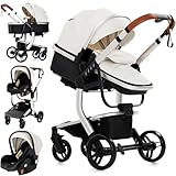 MoLi PU-Leder Kinderwagen 3 in 1, Kinderwagen mit Umkehrbarem Doppelschiebemodus, Buggy Großer Bequemer Babywanne, Kombikinderwagen 3 in 1 Rahmen Aluminiumlegierung Faltbar Hohe Landschaft (518 White)