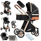 NADDLILY Kinderwagen 3 in 1, Buggy mit Umkehrbarem Zwei-Wege-Schub, Kinderwagen mit Faltbarem Tragbarem One-Click-Design, Kinderwagen 3 in 1 Komplettset mit Zubehör Hohe Landschaft (V9 Black)