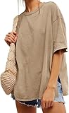 Tankaneo Damen T-Shirt Oversize Kurzarm Rundhals Oberteile Sommer Locker Einfarbig Bluse Lang Casual Basic Shirt Tops mit Seitenschlitzen Khaki XXL