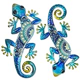 HONGLAND Wandbild Metall-Gecko-Wandkunst, 2 Stück, Outdoor-Wanddekoration,Wanddeko Outdoor, Eidechse, Metall-Wanddekoration, Glas-Skulptur für Garten, Hof, Terrasse, Zaun, Zuhause (blau)