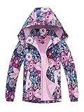 NATUST Mädchen Gefütterte Regenjacke Kinder Winddicht Übergangsjacke Jungen Warm Atmungsaktiv Softshelljacke mit Abtrennbare Kapuze 3D Blumendruck 128-134/130