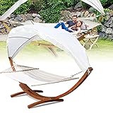 SWANEW Hängematte Sonnendach mit Gestell,Hängemattengestell aus Holz Lärche + Dach bis 200kg Wetterfest Stabhängematte für Outdoor und Indoor,Hammock aus Wetterfestem Lärchenholz