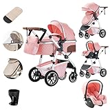 Zkiprm Kinderwagen 3 in 1 mit Autositz für Kinderwagen und Buggy, kompakt, tragbar, verstellbare Armlehnen, Stoßschutz, Aluminiumrahmen Rosa