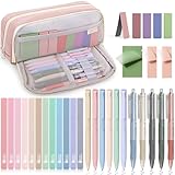 COZCLAM 32pcs Schulsachen Aesthetic mit Rosa Mäppchen, 12 Textmarker Pastell, 5 Schwarze Gelstifte, 6 Farbstifte, 5 Lesezeichen und Haftnotizen, Aesthetic School Stuff Clean Girl Schule Zubehör