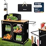 KingCamp Campingküche faltbar mit Spüle, Campingschrank Bambus,Outdoor Küche Klappbar mit Stauraum, Windschutz & Lampenhalter,Stabiler Aluminiumrahmen,Reiseküche,Camping Möbel