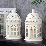 JHY DESIGN Hängende Kerzen Laternen 21cm Hohe Set mit 2 Gartenlaterne Metall Glas Fenster Kerzenhalter für Echte Kerze Garten Innen Hochzeit Schlafzimmer Draußen Wohnzimmer Bettseite Balkon (Weiß)