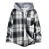 QLIPIN Flanellhemden für Jungen, kariert, mit Kapuze, Knopfleiste, langärmelig, für Herbst und Winter, leichte Jacke, Kariert, 8-9 Years