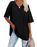 Oversize Basic Schwarz T Shirt Damen Mit V-Ausschnitt Kurzarm T-Shirt Elegant Sommer Lockere Shirts Grosse Grössen Lang,# Schwarz,XXL