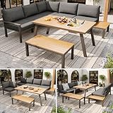 Laxnb Gartenmöbel Set für 6-7 Personen, Garten Lounge Möbel Balkonmöbel Essgruppe, Ecksofa mit Esstisch und Kissen, Sitzgruppe Gartenlounge Balkon Patio Terrassemöbel, Tischplatte mit Eiskübel, Grau