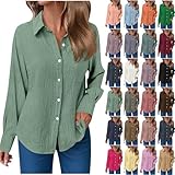 Leinenbluse Damen Sommer Musselin Bluse Oversized Langarm Longbluse mit Knöpfe Einfarbig Langarmshirt Große Größen Baumwoll Leinen Tshirt Revers Einreihige Leinenhemd mit Taschen Button-Down Hemden