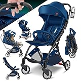 KIDIZ® Kinderwagen Premium Kinderbuggy klappbar Liegebuggy Sportwagen Faltbar 360°Räder 5-Punkt Gurt Inkl. Getränkehalter & Regenabdeckung, verstellbare Rückenlehne & Sonnenverdeck Navyblau