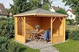 Alpholz 5-Eck Pavillon Maik-28 aus naturbelassenem Holz, 300 x 300cm mit 28 mm Wandstärke