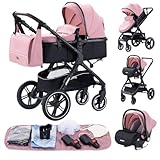 YAZOCO kinderwagen 3 in 1 Buggy Babybett Komplett Set Einem Klick Zusammenklappbarer Kinderwagen, KombiKinderwagen Aluminiumrahmen für Neugeborene Sitzzubehör (1 Rosa)