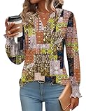 Rapbin T-Shirt Damen V-Ausschnitt Oberteil Tunika Langarm Bluse Basic Shirt Lehreroutfit Hemd Bunt Druck Multi Colored Squares XL