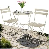 tectake® Gartenmöbel Bistro Set aus Gartentisch mit Stühlen, Balkonmöbel Kleiner Balkon, Klapptisch mit 2X Gartenstuhl, Outdoor Sitzgruppe mit Balkontisch, wetterfest für Garten, Balkon (Creme)