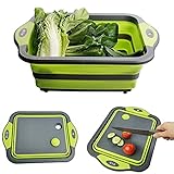 【Upgrade】D L D Collapsible Cutting Board with Colander Containers, Foldable Food Grade Silicone Dish Tub Chopping Board, Washing Basin Draining Basket Strainer for Home Kitchen Camping Picnic BBQ