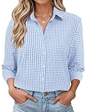Rapbin Bluse Damen Lässiges Hemd mit V-Ausschnitt 100% Baumwolle Lockere Oberteil Button Down Shirts Elegant Langarm Blau Kariert M