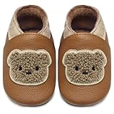IceUnicorn Krabbelschuhe Baby Lauflernschuhe Jungen Weiche Leder Babyschuhe Kleinkind Lederschuhe mädchen Babyhausschuhe(Gelbbrauner Bär,12-18)