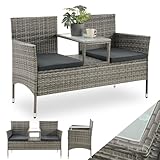 Juskys Polyrattan Gartenbank Monaco - 2-Sitzer Bank mit Tisch & Kissen - 133x63x84 cm - Rattan Sitzbank wetterfest Garten Balkon - grau-meliert