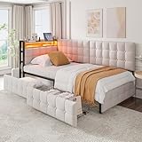 KEYIDE Polsterbett Schlafsofa 90x200 mit LED-Beleuchtung und USB-Ladestation, Jugendbett Tagesbett mit Lattenrost aus Metall und 2 Schubladen, Kinderbett Gästebett Bettgestell, ohne Matratze