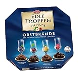 Edle Tropfen in Nuss Obstbrände 250g, flüssig gefüllte Schokoladenpralinen mit Milchschokoladen-Überzug und knackigen Haselnuss-Splittern