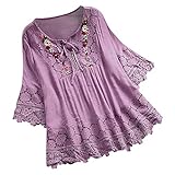 Leinenbluse Damen Oversized Tshirt Dünne Musselin Leinenhemd Basic Rundhals Pullover Große Größen Vintage Einfarbig Bluse Tops Locker 3/4 Arm Longbluse Elegant Spitzen Oberteile Sommershirts S-5XL