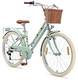BIKESTAR Alu Kinderfahrrad ab 9-10 Jahre | 24 Zoll City Retro Bike, 7 Gänge, Korb, V-Bremse, Hollandrad | Mint | Risikofrei Testen