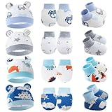 Frühchenmütze, Fäustlinge und Socken, Set, weiche Baumwolle, warm, Bärenohren, Frühchenmütze, Neugeborene, Krankenhausmütze für Babys, Jungen und Mädchen, 4 Stück, Cartoon-Farben:, 0-3 Months
