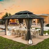 UDPATIO 3x4 m Pavillon Polycarbonat Doppeldach mit Vorhängen,Wetterbeständige Legierungen-Gartenpavillon wasserdicht stabil Winterfest UV-Schutz 6x6 cm starken Pfosten für Garten, Terrasse, Grau