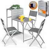 Casaria® Balkonmöbel Set 3 Stühle Tisch Klappbar Platzsparend inkl. Rollen Wetterfest Stahl Pulverbeschichtet Garten Terrasse Möbel Sitzgruppe Grau