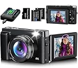Digitalkamera 4K, 48MP Autofocus Kompaktkamera Fotokamera mit 32GB Karte, 3 Zoll 180° Flip-Bildschirm, 16X Digital Zoom Kompaktkamera Fotoapparat mit 2 Batterien für Anfänger(Schwarz)