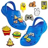 CityComfort Clogs Kinder, Gartenschuhe Badeschuhe Jungen mit abnehmbaren Anhängern (Blau, 34/35 EU)