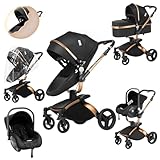 Prokoke PU-Leder Kinderwagen 3 in 1, Buggy mit Verstellbarem Sitz mit 360°-Drehung, Kinderwagen mit Rahmen Aluminiumlegierung, Kombikinderwagen 3 in 1 mit Einem Klick Faltbar Design (906 Black)