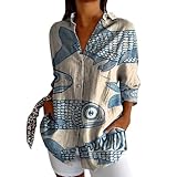 Batik Langarmshirt Damen Vintage Fisch Kunstdruck Hemdbluse Button Down Leinen Hemdshirt Oberteil Locker Reverkragen Blusenshirt Langarmshirt Sommer Elegant Bluse Tunika