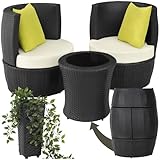 tectake® Rattan Set 2 Personen, Balkonmöbel, Gartenmöbel Set, Outdoor Sitzgruppe mit 2X Stuhl, 1x Beistelltisch rund, 1x Vase, platzsparend zusammenschiebbar, mit Polster und Kissen - schwarz