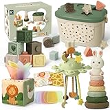 Auezona Montessori Spielzeug Baby ab 6 Monate, 5 in 1 Baby Spielzeug ab 7 8 9 Monate mit Bauklötze, Stapelringe, Tissue Box Toys, Lernspielzeug Geschenk für 6-12 Monate