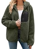 RITOSTA Fleecejacke Damen Winter Teddyjacke mit Kapuze Teddyfleece Kapuzenpullover Warme Herbstjacke Winterjacke Sherpa Damen-Jacken Zipper Hoodie Mantel Outdoor Plüschjacke mit Taschen(Grün,L)
