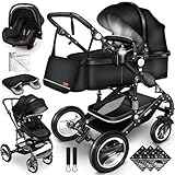 KIDUKU® 3 in 1 Kinderwagen XXL Komplettset | Kombikinderwagen Set inkl. Babywanne Buggy Sportsitz & Auto-Babyschale Fußsack | Vollgummireifen Wickeltasche Handwärmer Tragekorb Regenschutz Kindertisch