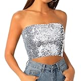 UILYNIU Pailletten Oberteil Damen, Glitzer Pailletten Tank Top Trägershirt Damen Tube Top Sexy Ärmellos Bandeau Top für Party (DE/NL/SE/PL, Alphanumerisch, Einheitsgröße, Regular, Regular, Silber)
