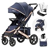 Daliya® Rapidy Buggy Kinderwagen 0-36 Monate Sportwagen mit Liegeposition Wickeltasche, Winterfußsack, Ess- & Spieltisch und mehr (Blau - Gold)