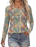 Rapbin Langarmshirt Damen Rundhals Pullover Herbst Falten Lässig Bluse Elegant Locker Frauen Oberteil Blumen Tunika Shirts 2025(Bunte Blumen,XXL)