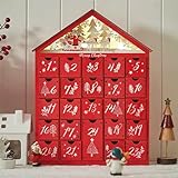Glorlliant Roter Holz-Adventskalender mit 24 Schubladen, Dorfhaus, Countdown bis Weihnachten, nachfüllbar, DIY-Countdown-Kalender