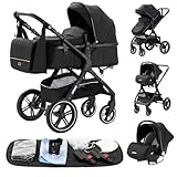 YAZOCO kinderwagen 3 in 1 Buggy Babybett Komplett Set Einem Klick Zusammenklappbarer Kinderwagen, KombiKinderwagen Aluminiumrahmen für Neugeborene (1 schwarz)