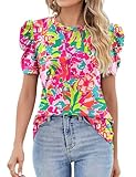 IECCP Bluse Damen Sommer Tshirt Damen Rundhals Ausschnitt Kurzarm Oberteile Elegant Damenblusen Casual Blusenshirt Tunika(Weißer bunter Druck,L)