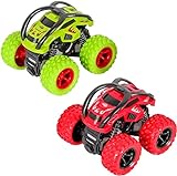 Monster Trucks Spielzeug, Zurückziehen Auto Trägheit Reibungsbetriebene Autos 360 Grad Rotierendes Geländewagen Spielzeugauto für 3-10 Jahre Alte Jungen Mädchen Kinder (2 Stück, Grün Rot)