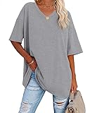 Ebifin Damen Oversize T Shirt mit V-Ausschnitt Kurzärmeliges Casual Lockere Basic Sommer Tee Shirts Bluse.Hellgrau.L